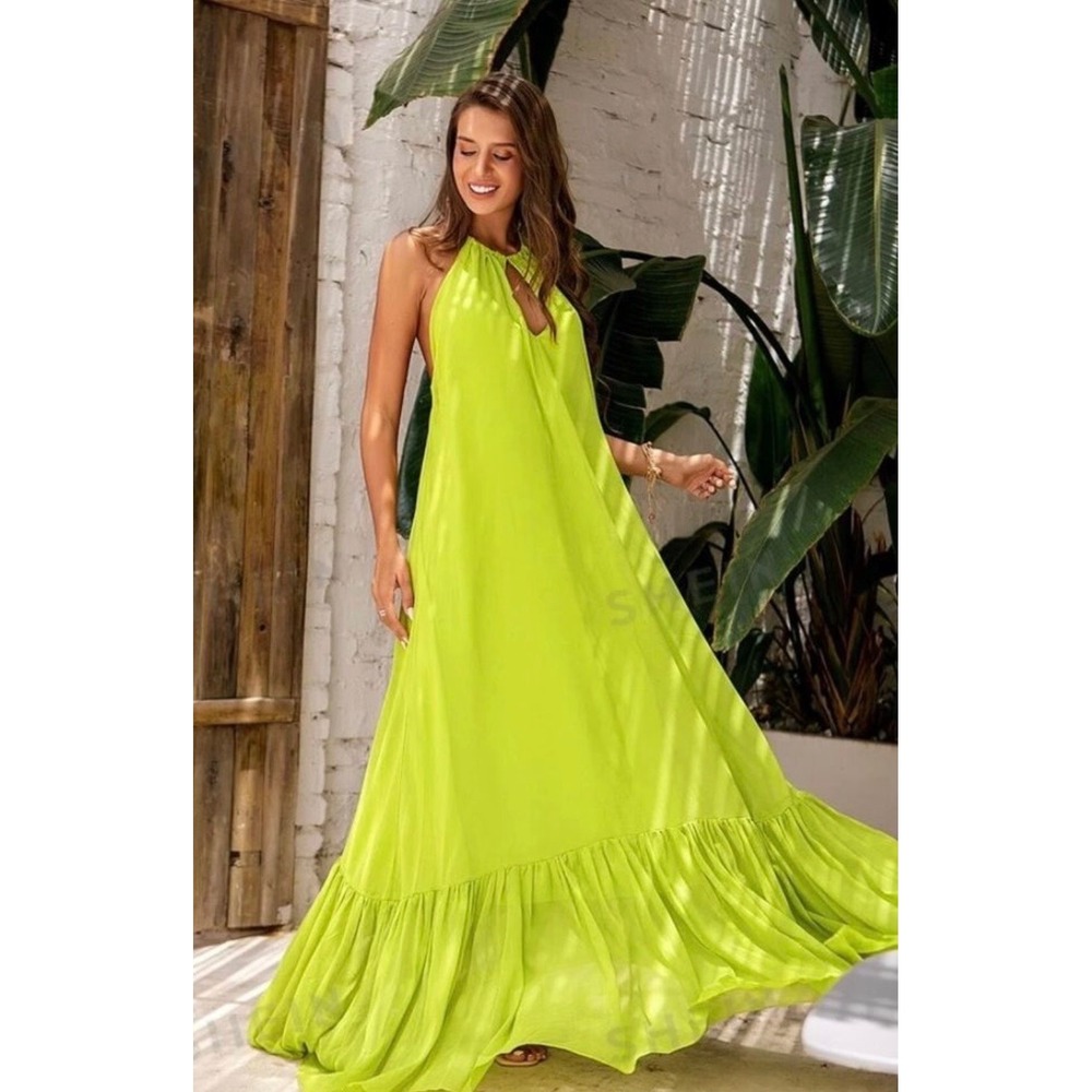 Love & Lemonade Lime Green Halter Backless Maxi Dress Ruffle Hem Size Medium NEW